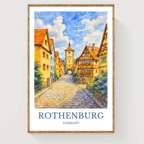 Rothenburg Germany Poster Vintage Watercolor Style Cityscape