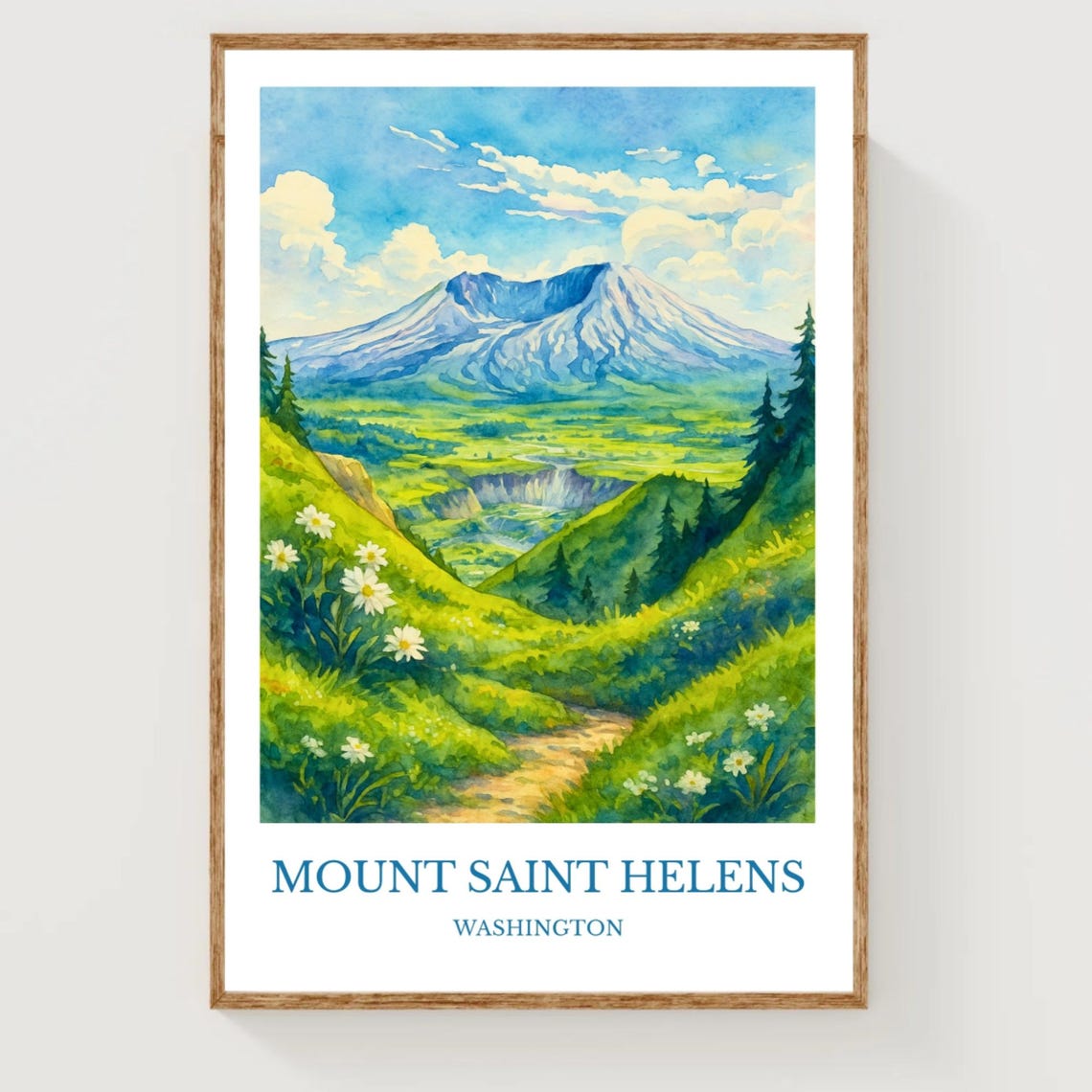 Mount Saint Helens Washington Volcano Meadow Watercolor Travel Poster