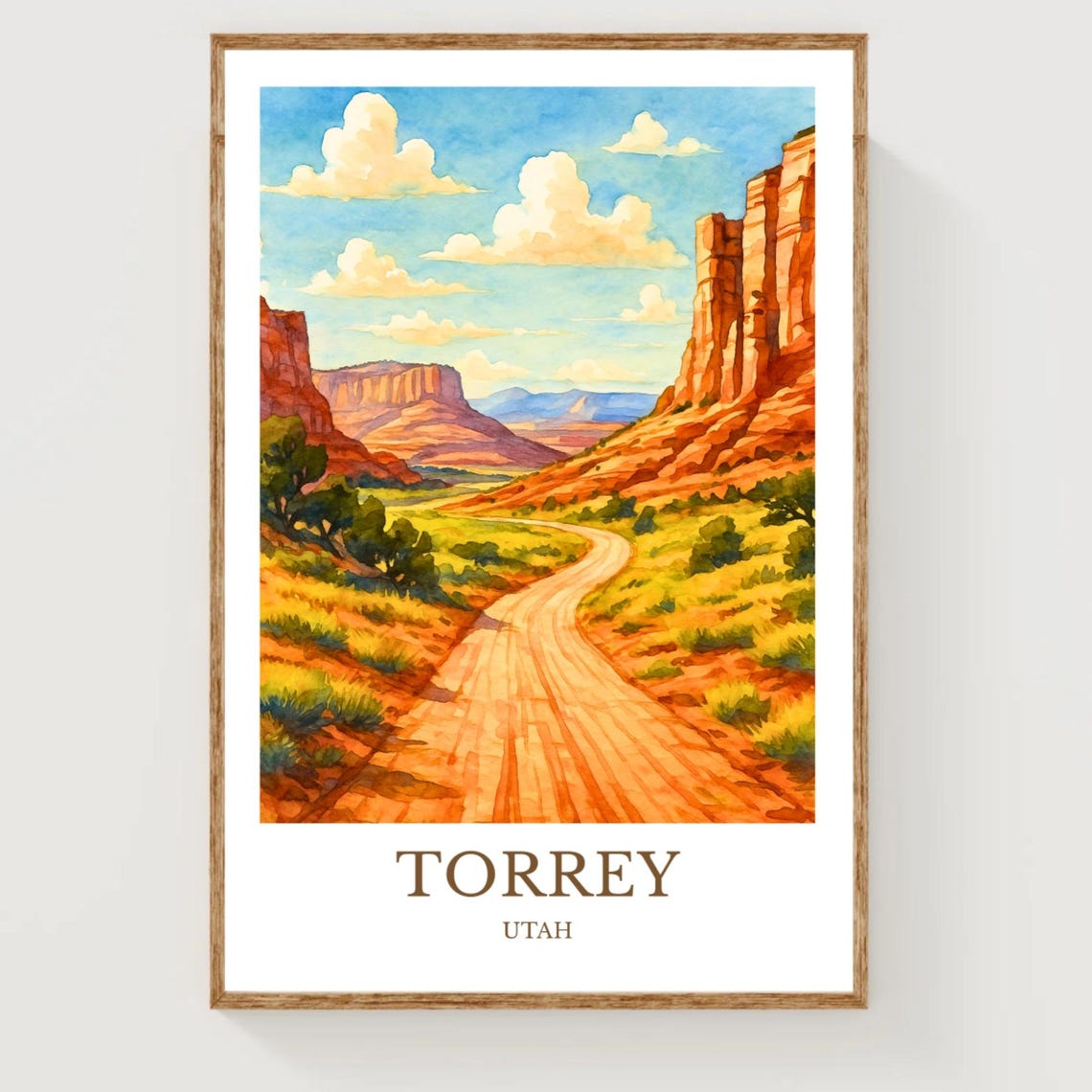 Torrey Utah Red Rock Canyon Desert Road Watercolor Travel Poster