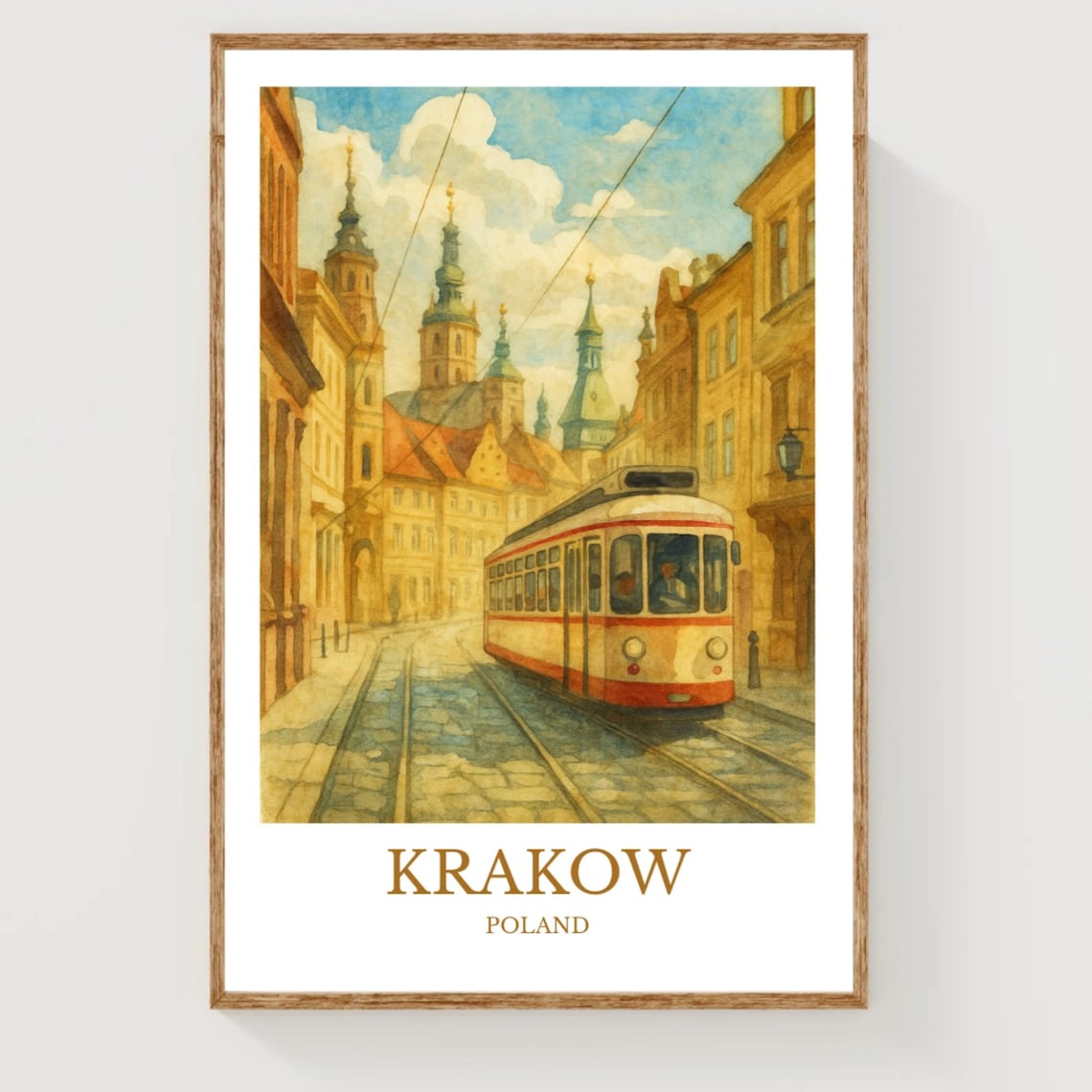 Krakow Old Town Tram Street Scene Watercolor Poland Travel Art Poster