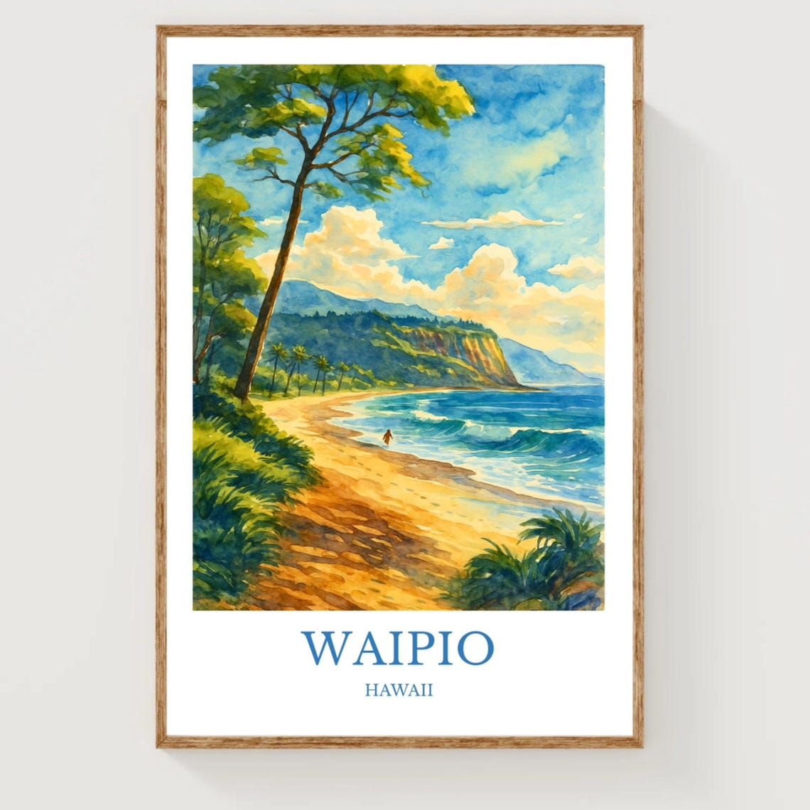 Waipio Hawaii Tropical Beach Surfer Watercolor Travel Poster