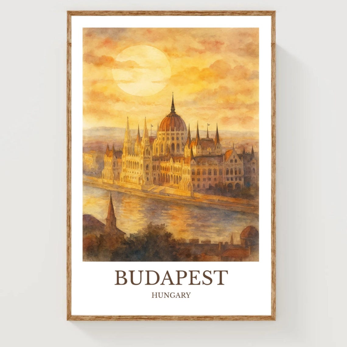 Budapest Hungary Parliament Building Sunset Danube Watercolor Poster