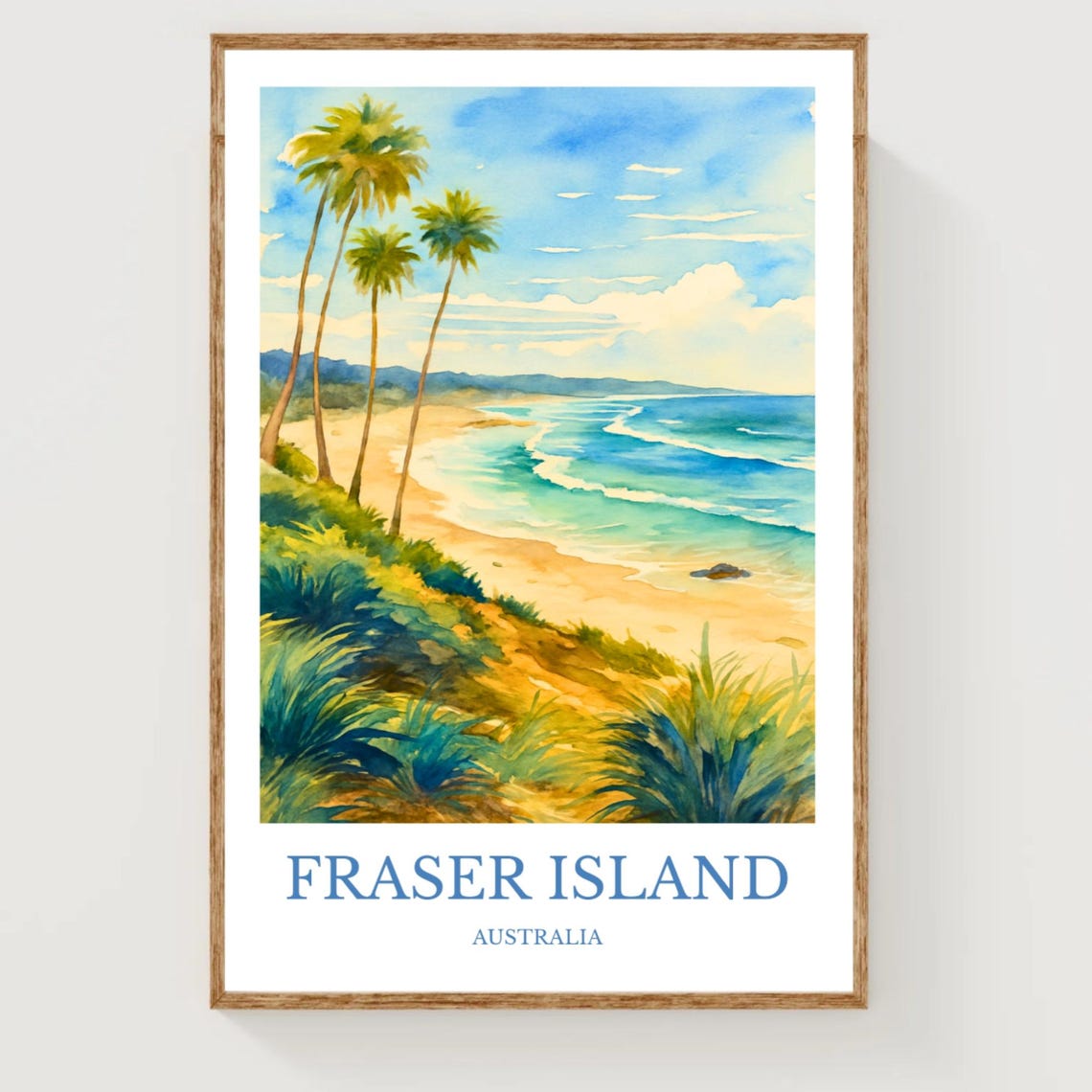 Fraser Island Australia Tropical Beach Palms Watercolor Travel Poster