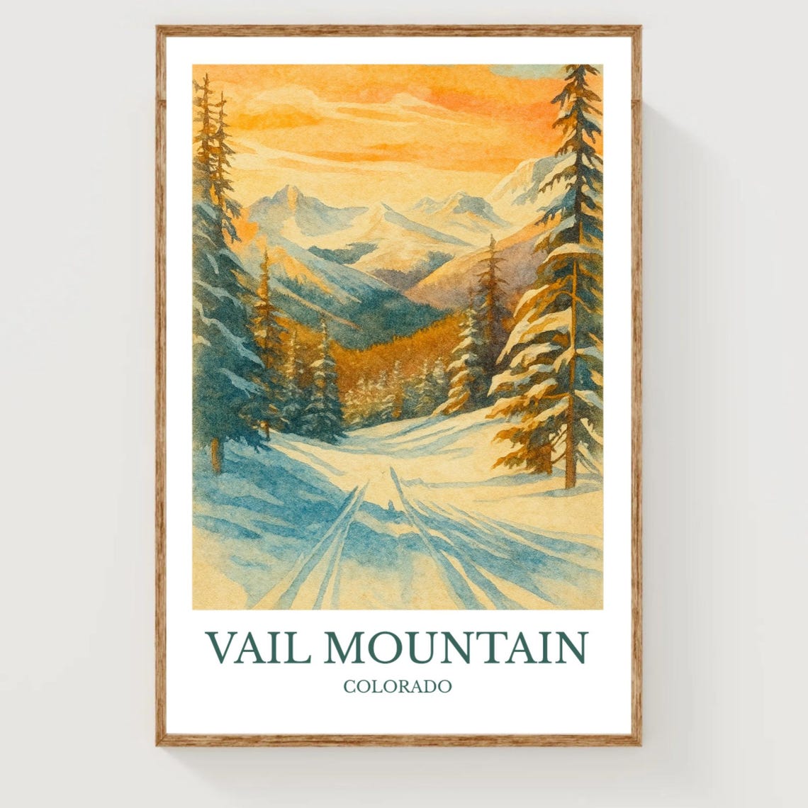 Vail Mountain Colorado Snowy Sunset Ski Trail Watercolor Travel Poster