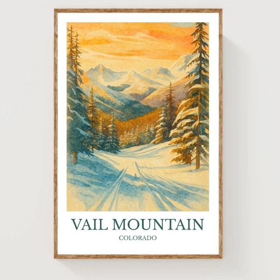 Vail Mountain Colorado Snowy Sunset Ski Trail Watercolor Travel Poster