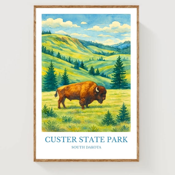 Custer State Park South Dakota Bison Prairie Watercolor Travel Poster