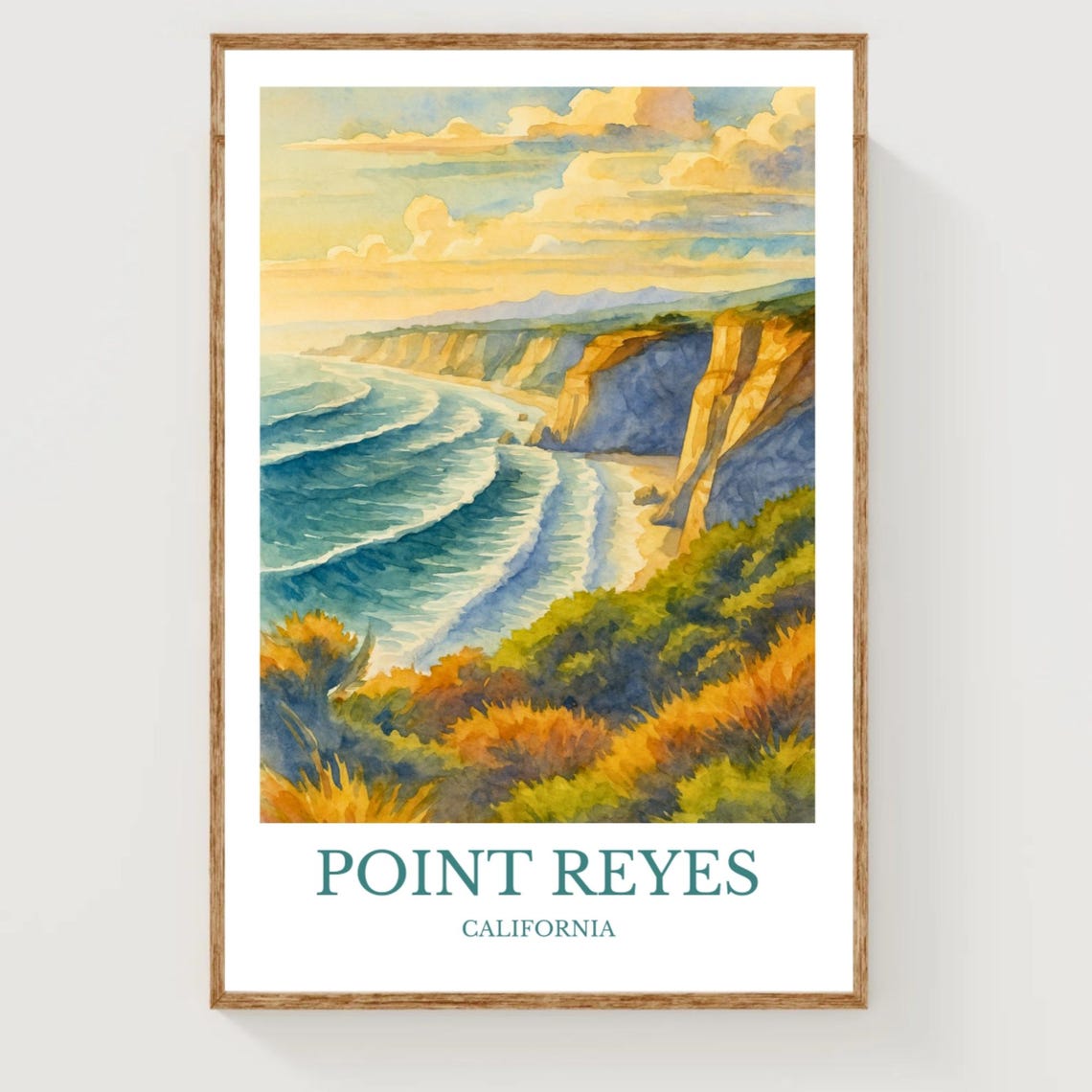 Point Reyes California Golden Coastal Cliffs Watercolor Travel Poster