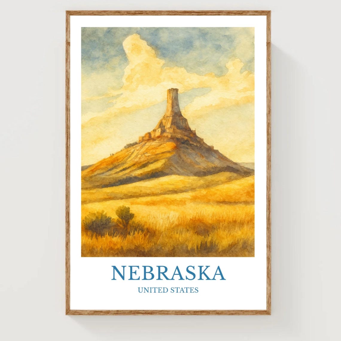 Nebraska United States Chimney Rock Prairie Watercolor Travel Poster