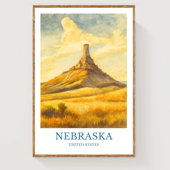 Nebraska United States Chimney Rock Prairie Watercolor Travel Poster