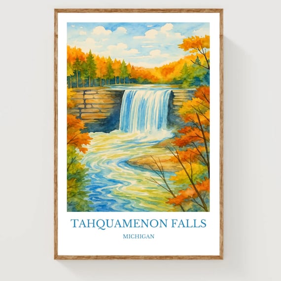 Tahquamenon Falls Michigan Autumn Waterfall Watercolor Poster