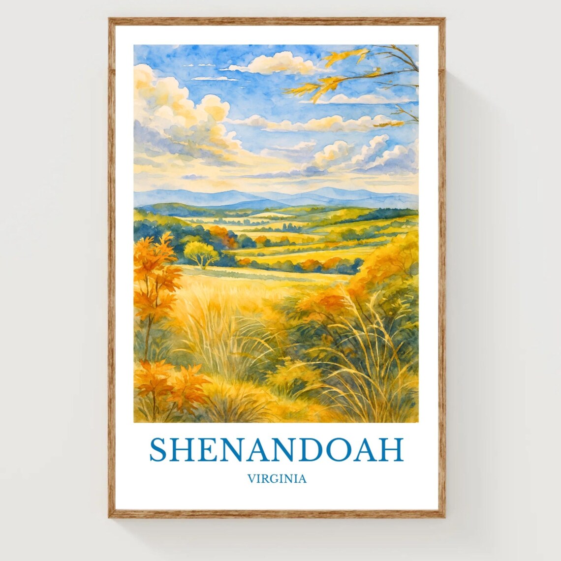 Shenandoah Virginia Golden Valley Watercolor Landscape Travel Poster
