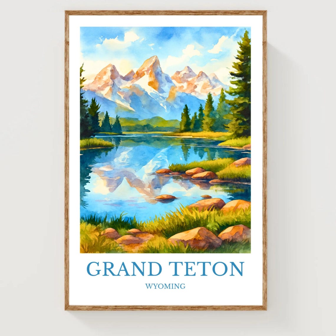 Grand Teton Wyoming Travel Poster Watercolor Mountain Lake Reflection