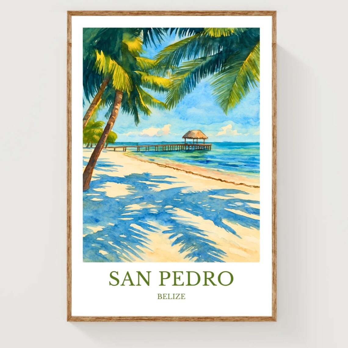 San Pedro Belize Palm Beach Pier Watercolor Tropical Travel Poster