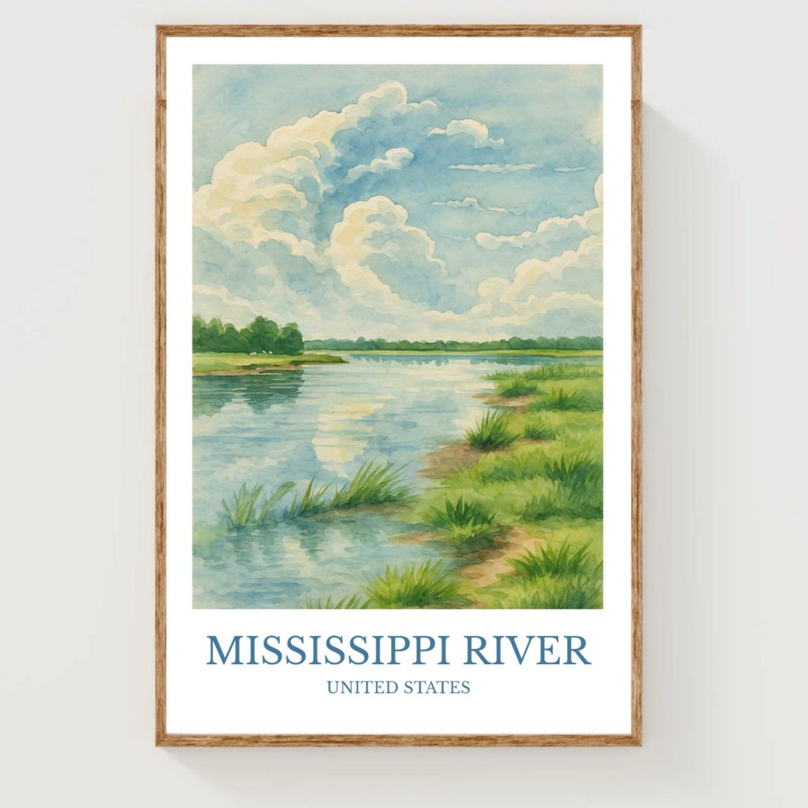 Mississippi River Cloudy Sky Watercolor Landscape Travel Poster