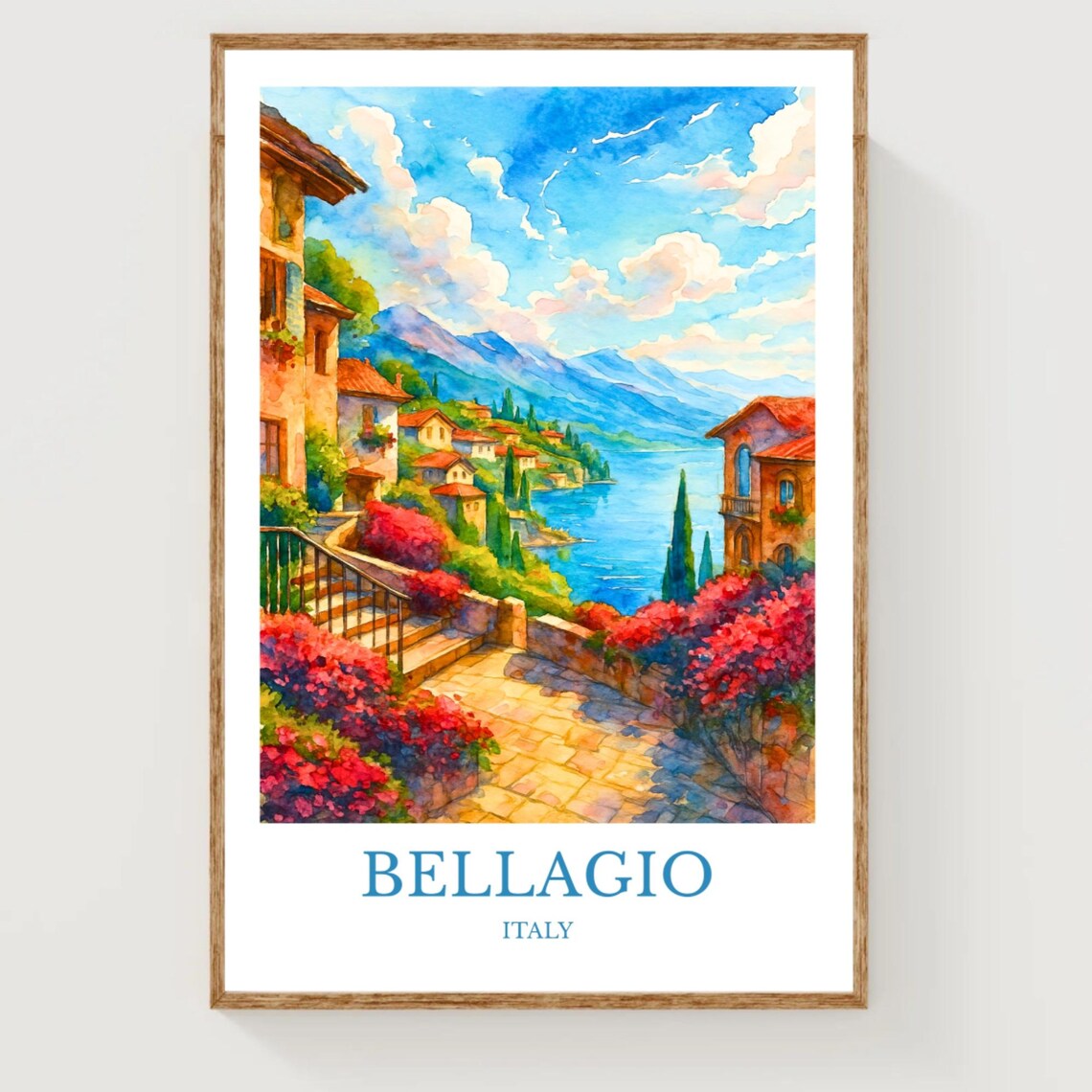 Bellagio Lake Como Village Watercolor Travel Poster Italy Floral Street Art