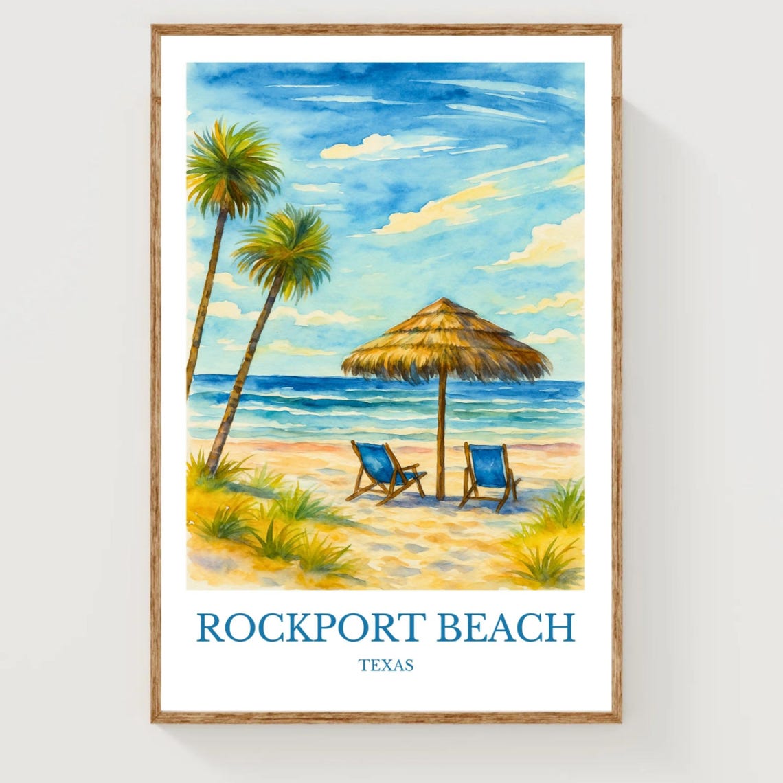 Rockport Beach Texas Palm Shore Umbrella Coastal Watercolor Poster