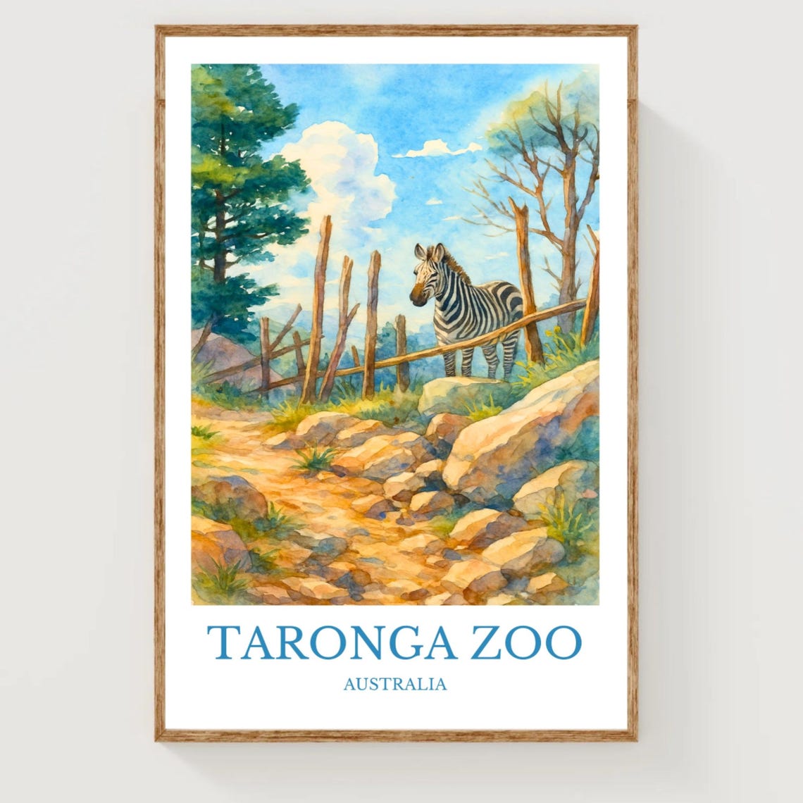 Taronga Zoo Australia Zebra Watercolor Wildlife Travel Poster
