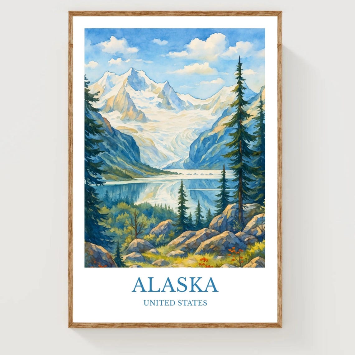 Alaska Glacier Mountain Lake Watercolor Wilderness Landscape Poster