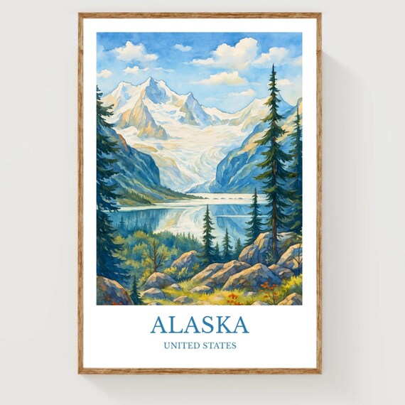 Alaska Glacier Mountain Lake Watercolor Wilderness Landscape Poster