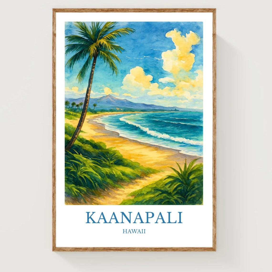 Kaanapali Hawaii Golden Palm Beach and Ocean Watercolor Travel Poster