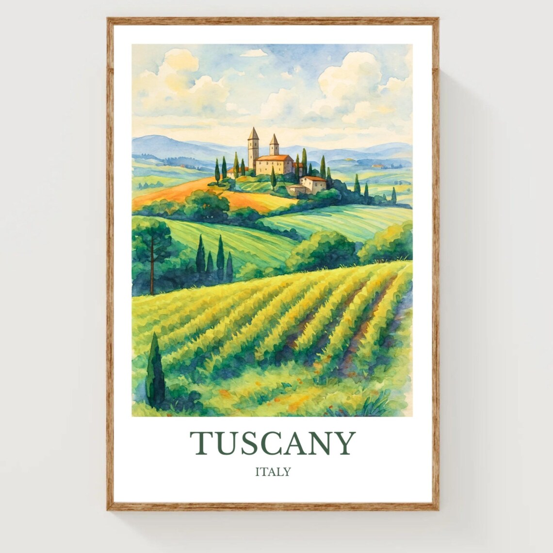Tuscany Italy Hilltop Village Cypress Vineyard Watercolor Travel Poster