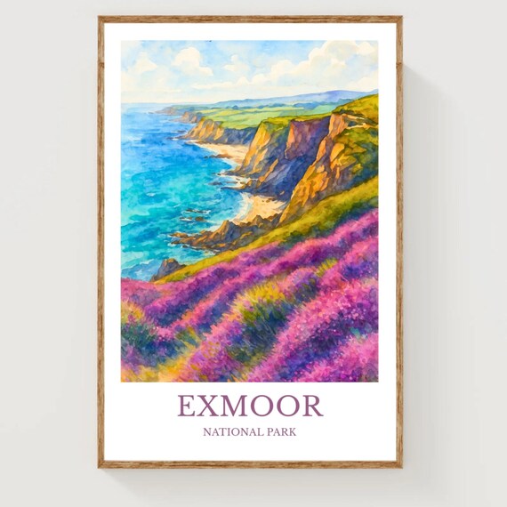 Exmoor National Park Coastal Cliffs Heather Watercolor Travel Poster