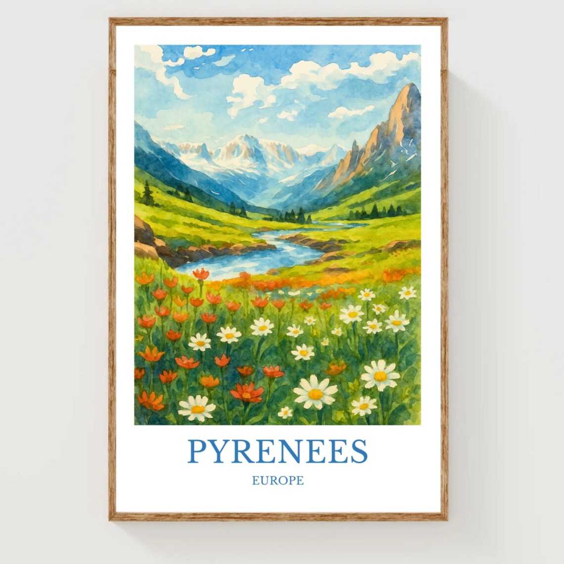 Pyrenees Europe Mountain Wildflower Meadow Watercolor Travel Poster