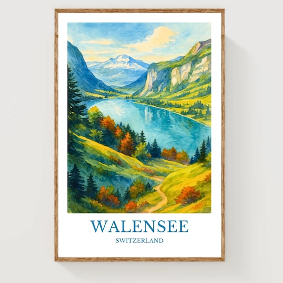 Walensee Switzerland Alpine Lake Autumn Watercolor Travel Poster