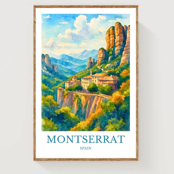 Montserrat Spain Monastery Watercolor Mountain Travel Poster