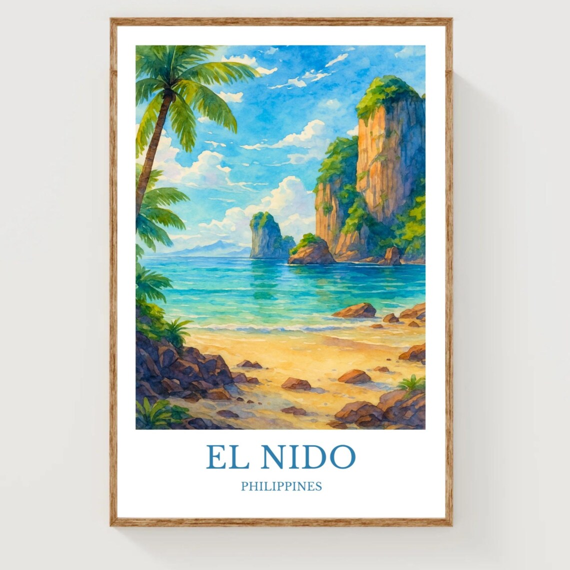 El Nido Philippines Watercolor Karst Beach Palm Tropical Travel Poster