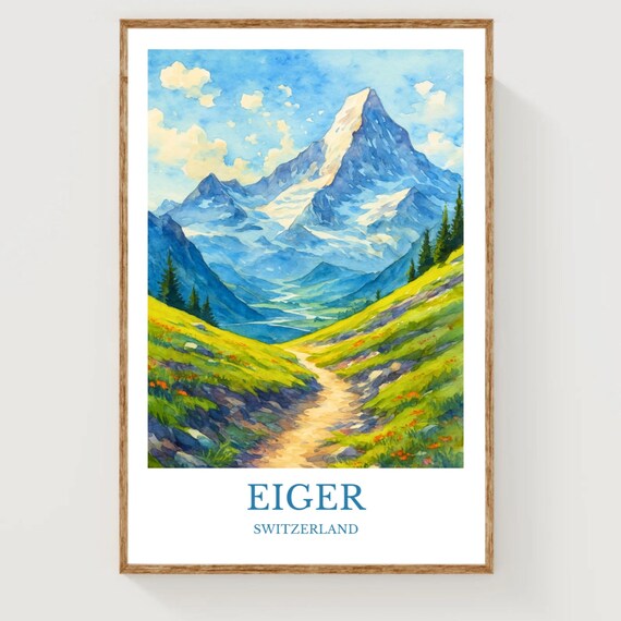 Eiger Switzerland Alpine Watercolor Mountain Landscape Print