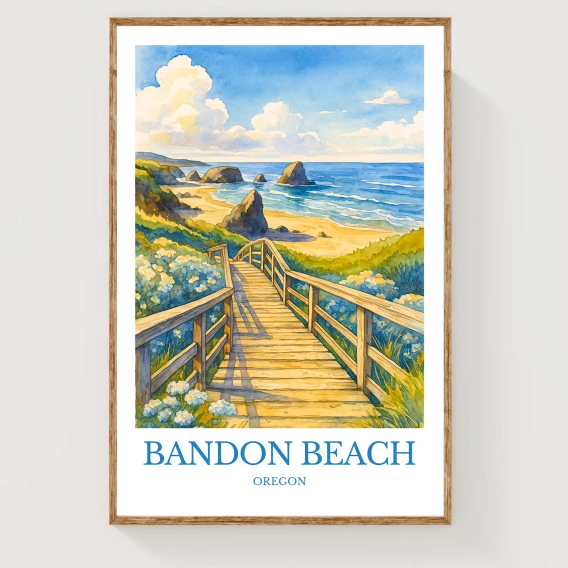 Bandon Beach Oregon Boardwalk Sea Stacks Watercolor Travel Poster