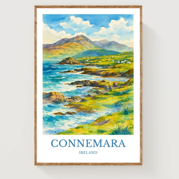 Connemara Ireland Rocky Coast Mountains Watercolor Travel Poster
