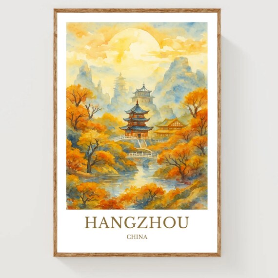 Hangzhou China Pagoda Autumn Landscape Watercolor Travel Poster