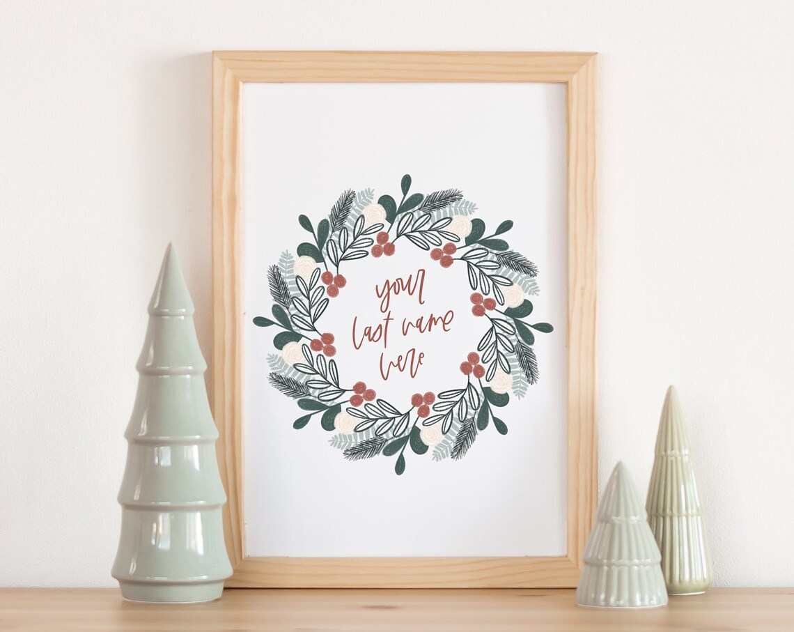 Personalized Family Name Christmas Wreath Custom Holiday Print