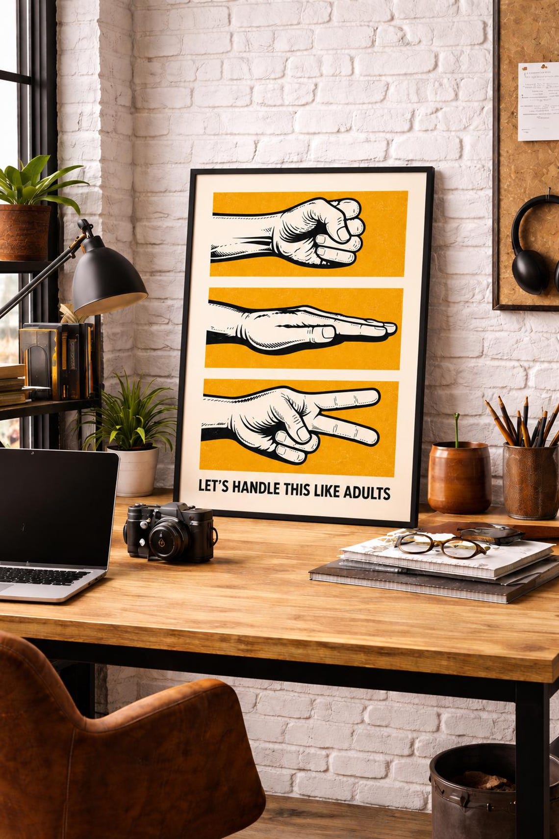 Retro Rock Paper Scissors Print Mustard Office Humor Wall Art - Image 4