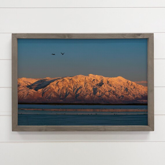 Sunlit Snowcapped Mountain Range Birds Over Lake Landscape Poster