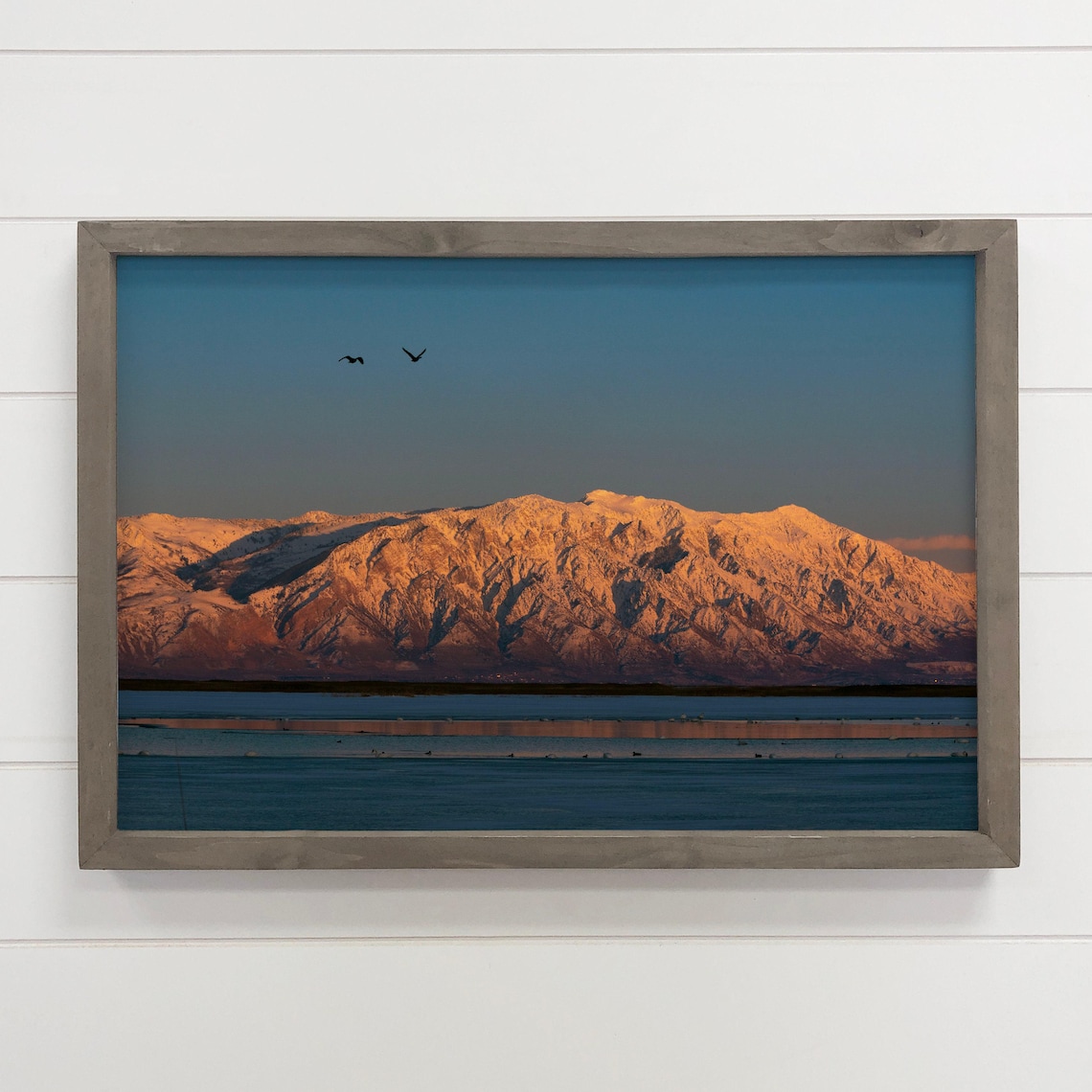 Sunlit Snowcapped Mountain Range Birds Over Lake Landscape Poster