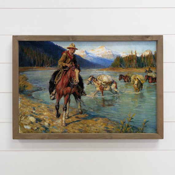 The Pack Train Cowboy Crossing River Vintage Western Art Poster