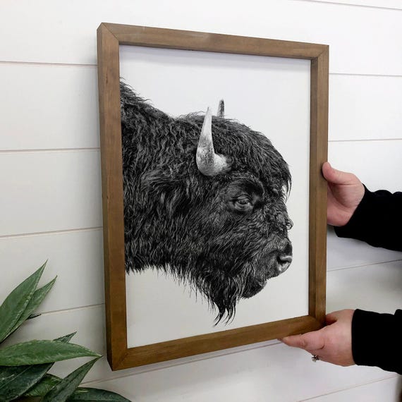 Bison Portrait Framed Animal Photograph Ranch House Art Wooden Sign