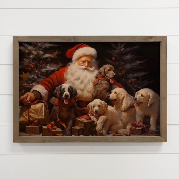 Santa Claus With Puppies Christmas Dogs Gifts Painting Wall Art