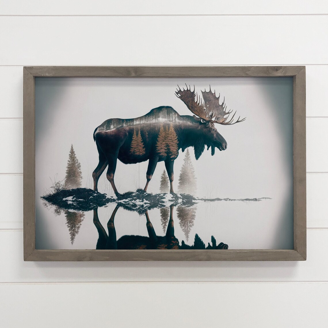 Moose Double Exposure Wildlife Canvas Art Wood Framed