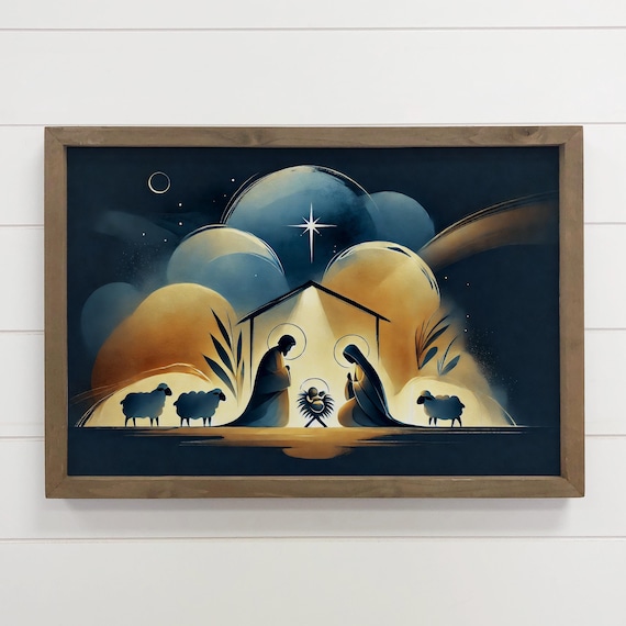 Nativity Night Sky Silhouette Modern Boho Christmas Scene Wall Art