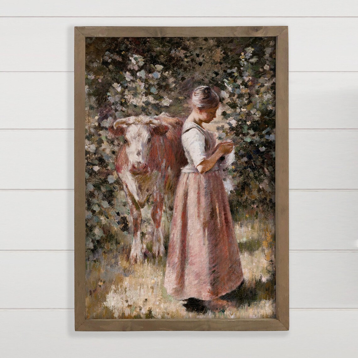 Vintage Milkmaid Girl And Cow Orchard Oil Painting Canvas Wall Art