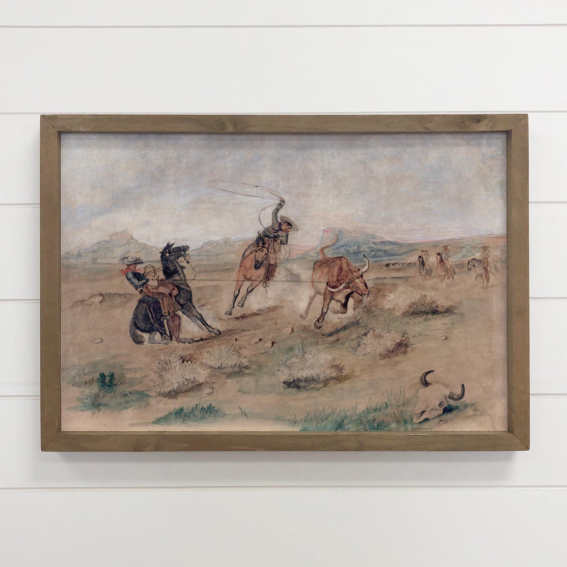 Cowboys Roping Longhorn Steer Vintage Western Desert Ranch Art Poster