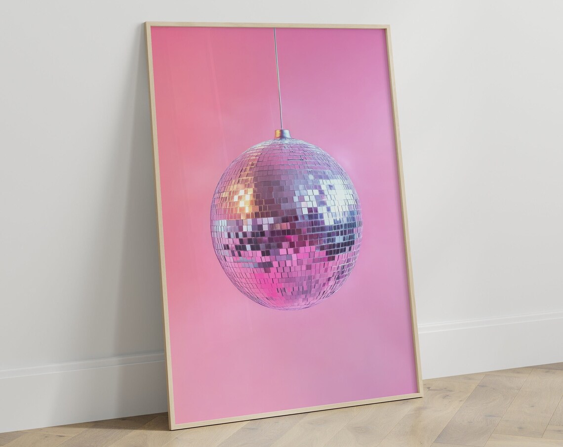 Pink Disco Ball Wall Art, Maximalist Pastel Print