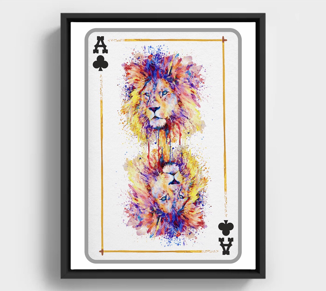 Ace Of Clubs Watercolor Lion Playing Card Poker Decor Poster