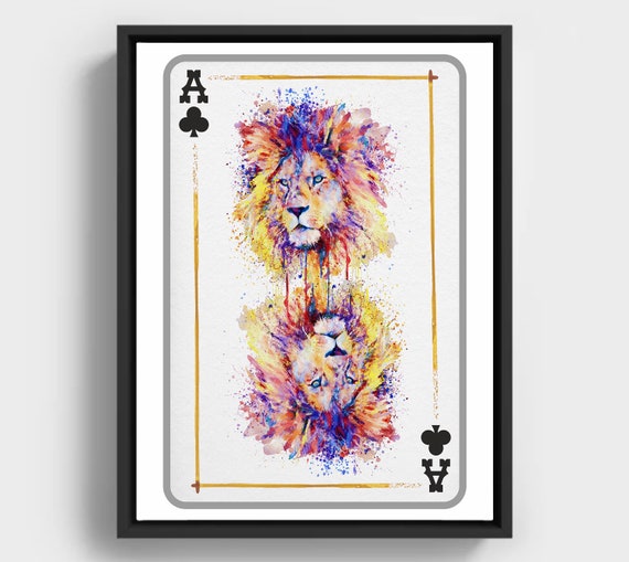 Ace Of Clubs Lion Watercolor Art Print Poker Card Inspired Wildlife Instant