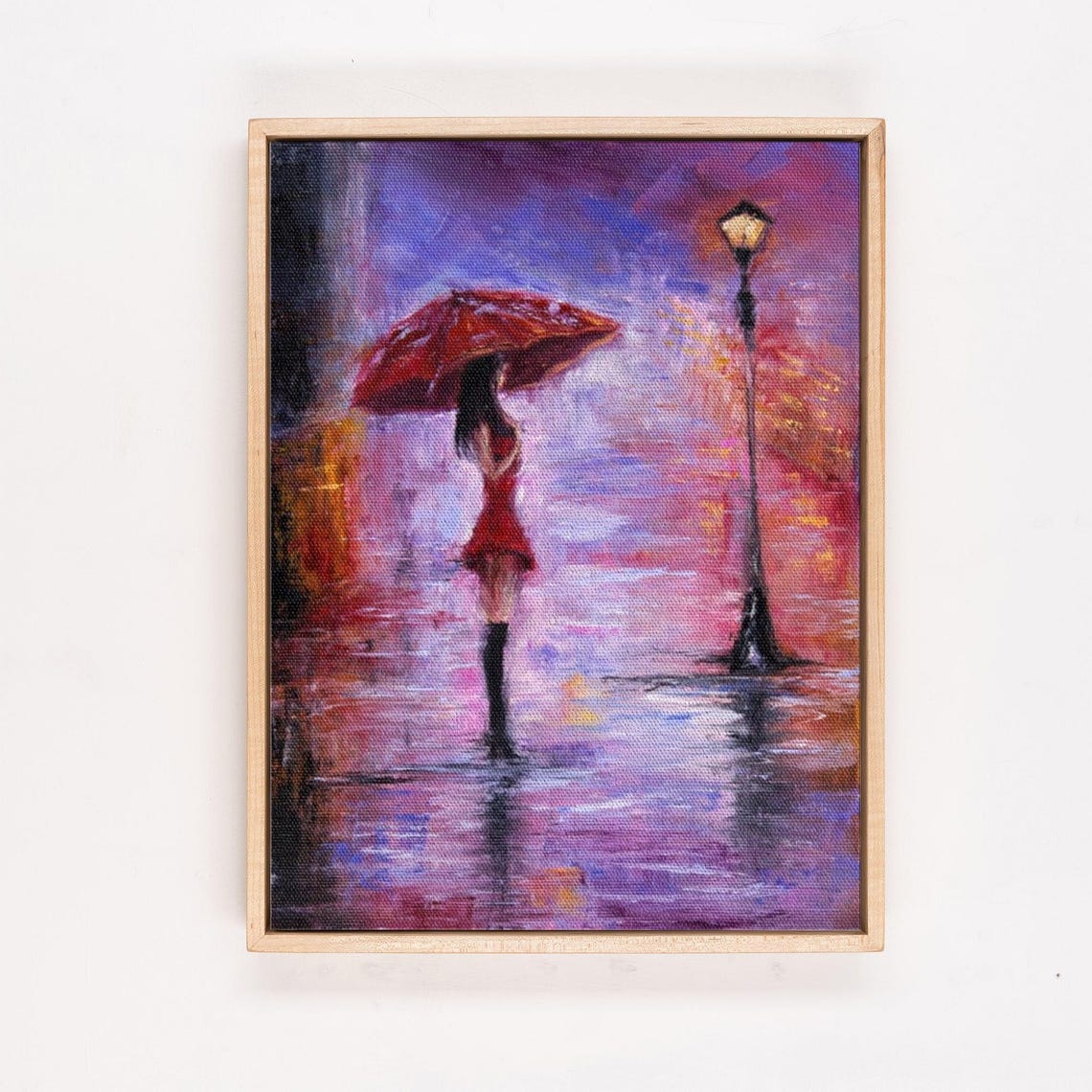 Woman With Red Umbrella Under Lamp on Rainy Night Street Poster - Image 4