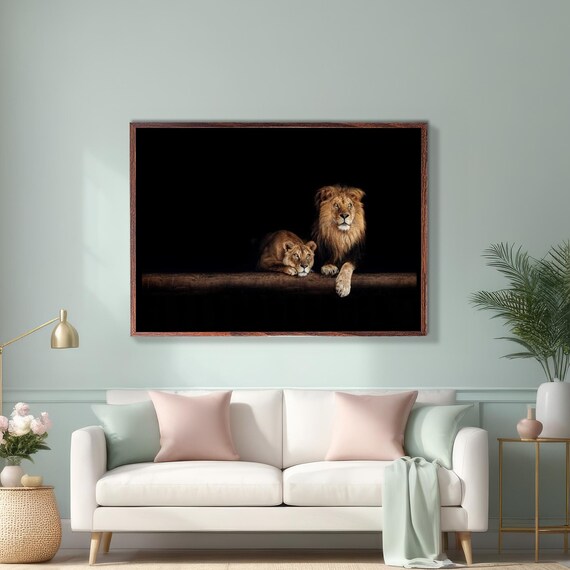 Lion and Lioness Resting Together on a Black Background Poster
